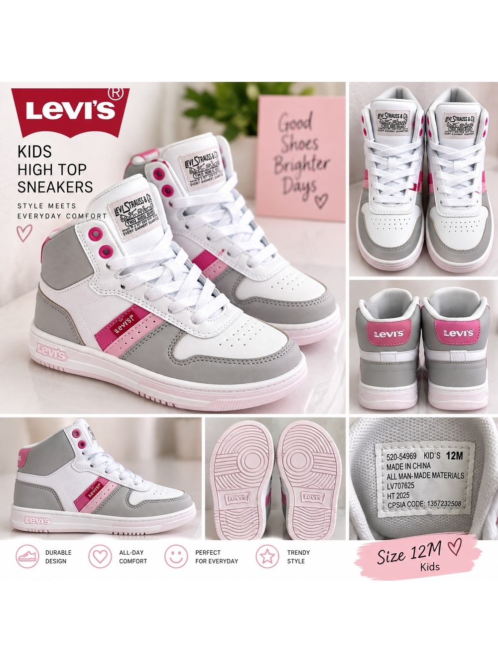 Levi’s Kids High Top Sneakers Size 12M White Gray Pink – Brand New